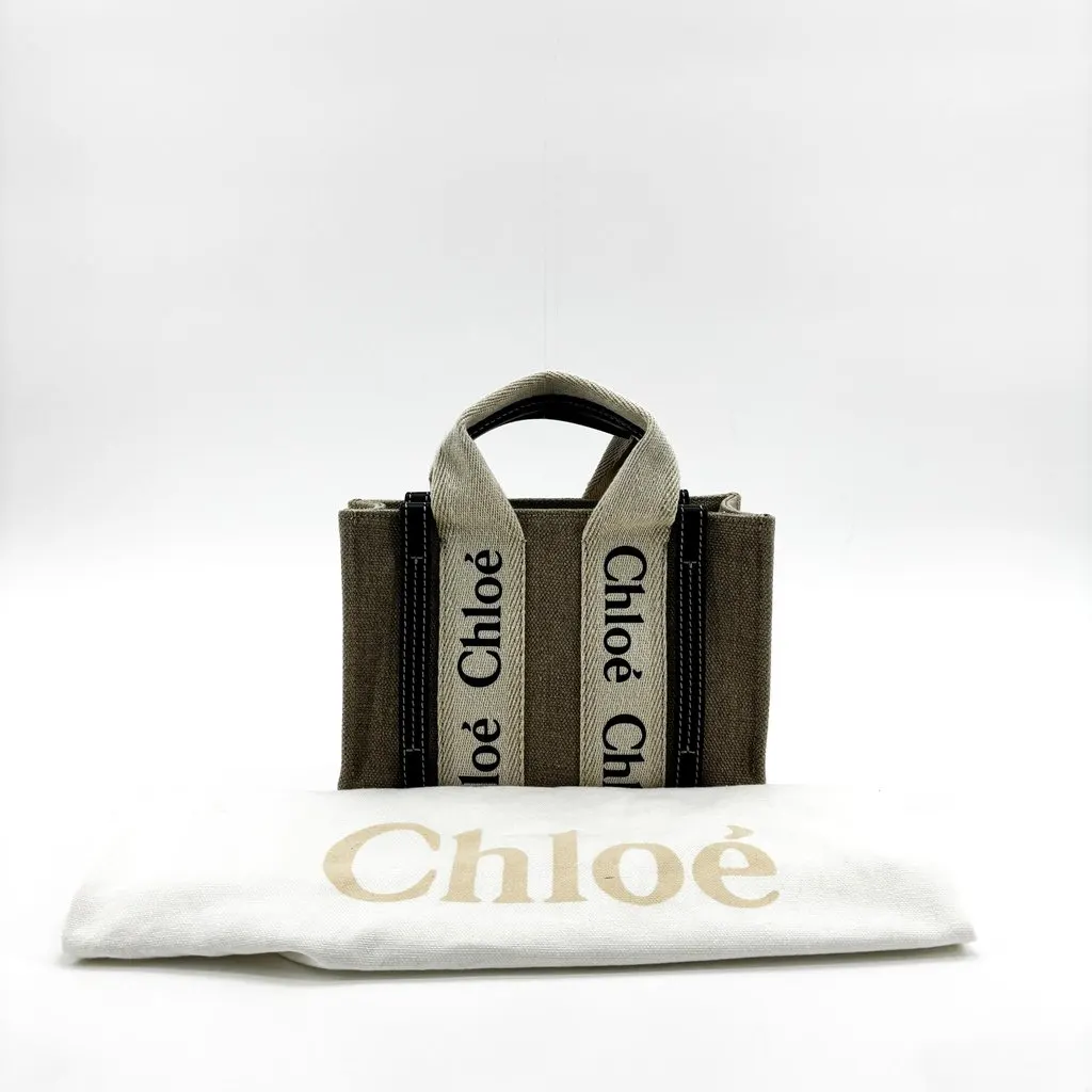 Chloé Woody Mini Tote Bag Navy Beige Linen Very good - Back View