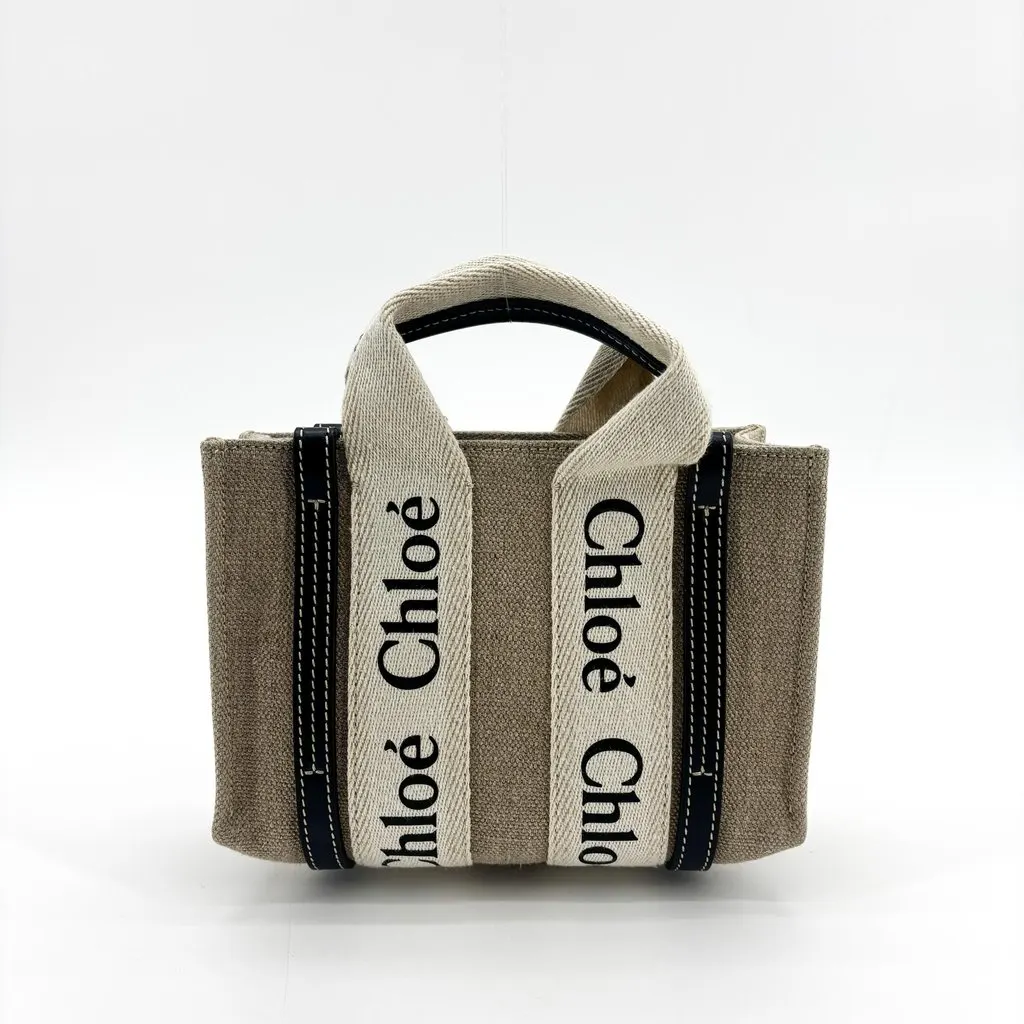 Chloé Woody Mini Tote Bag Navy Beige Linen Very good - Inside View