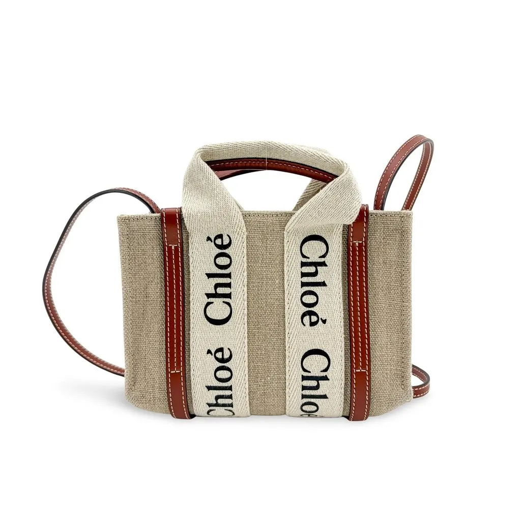 Chloé Chloe Mini Woody Tote Bag Brown Beige Linen Very good - Front View