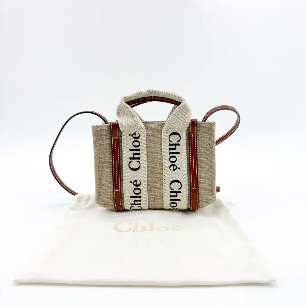 Chloé Chloe Mini Woody Tote Bag Brown Beige Linen Very good - Back View