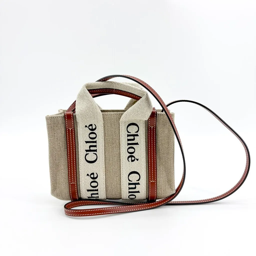 Chloé Chloe Mini Woody Tote Bag Brown Beige Linen Very good - Inside View