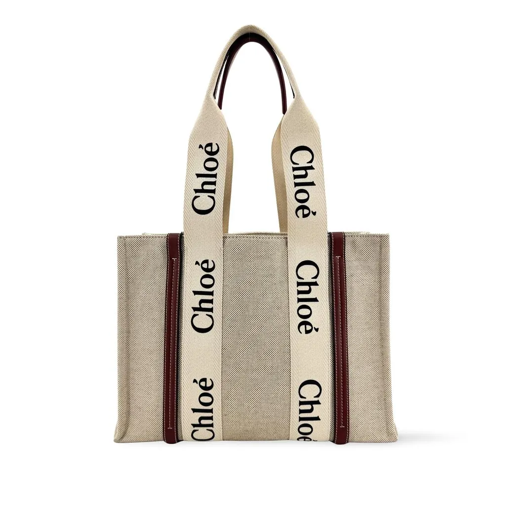 Chloé Medium Woody Tote Bag Beige Burgundy Beige Canvas Good - Front View