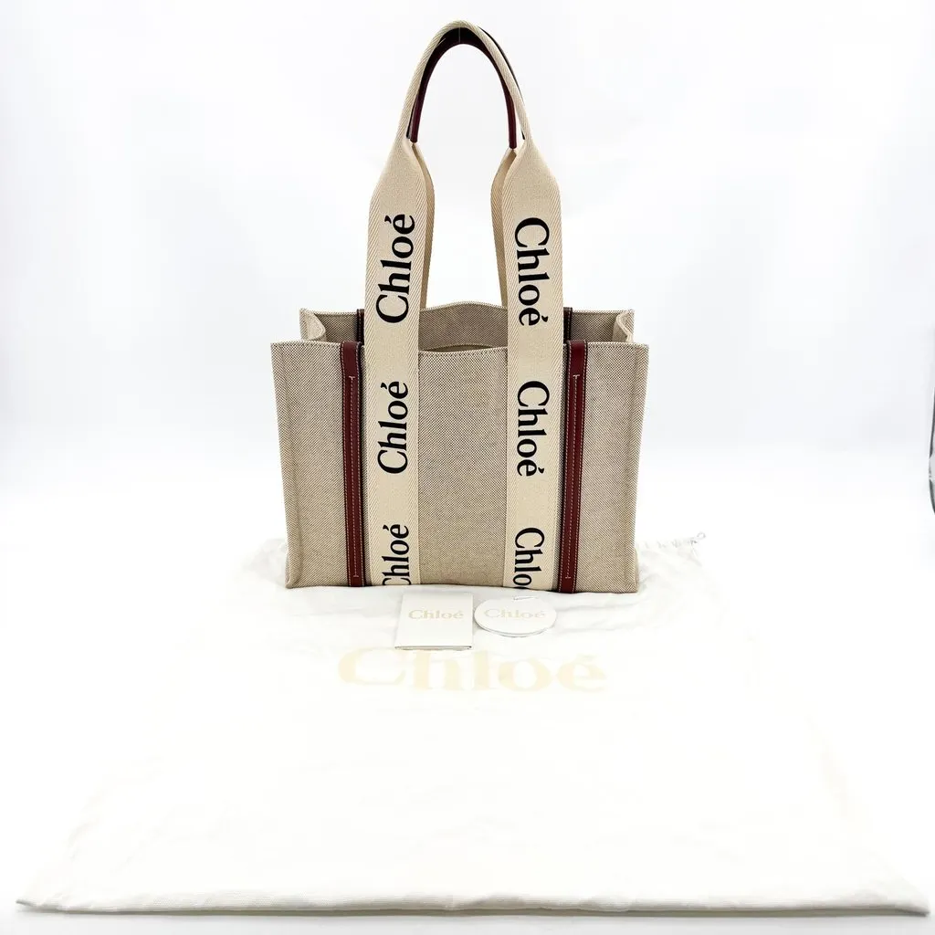 Chloé Medium Woody Tote Bag Beige Burgundy Beige Canvas Good - Back View