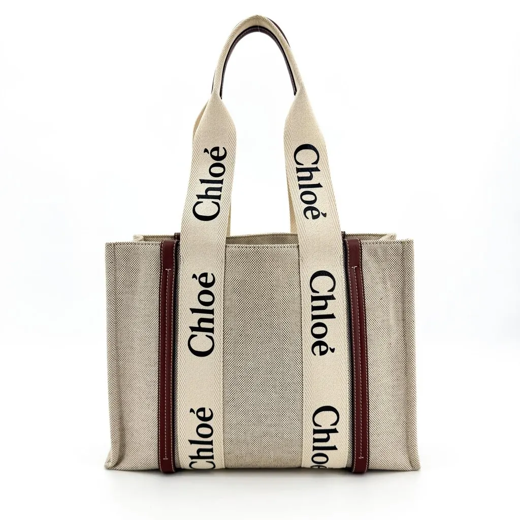 Chloé Medium Woody Tote Bag Beige Burgundy Beige Canvas Good - Inside View