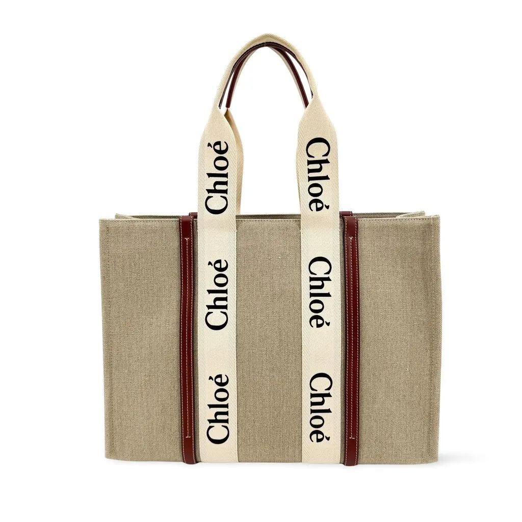 Chloé Chloe Woody Medium Tote Bag Beige Brown Beige Canvas Very good - Front View