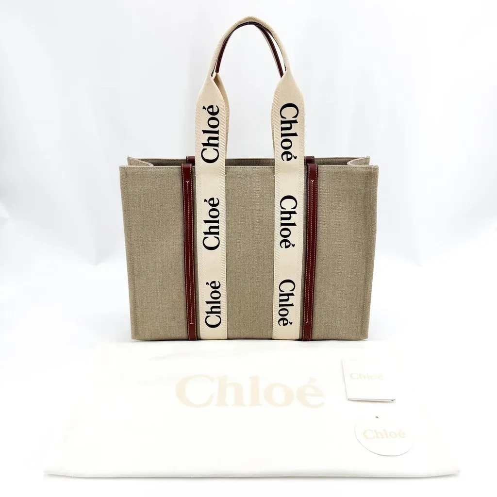 Chloé Chloe Woody Medium Tote Bag Beige Brown Beige Canvas Very good - Back View