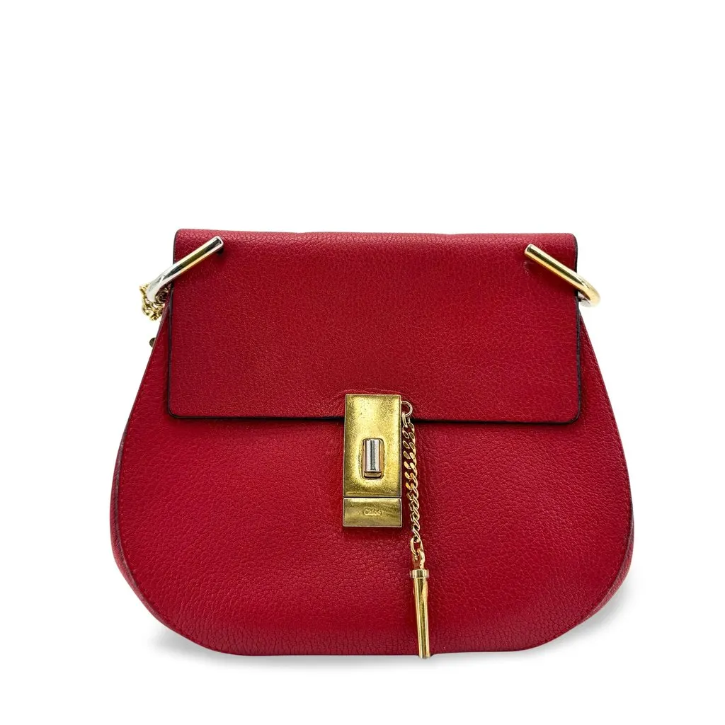 Chloé Chloe Drew Shoulder Bag Small Red Gold Leather Good - Front View
