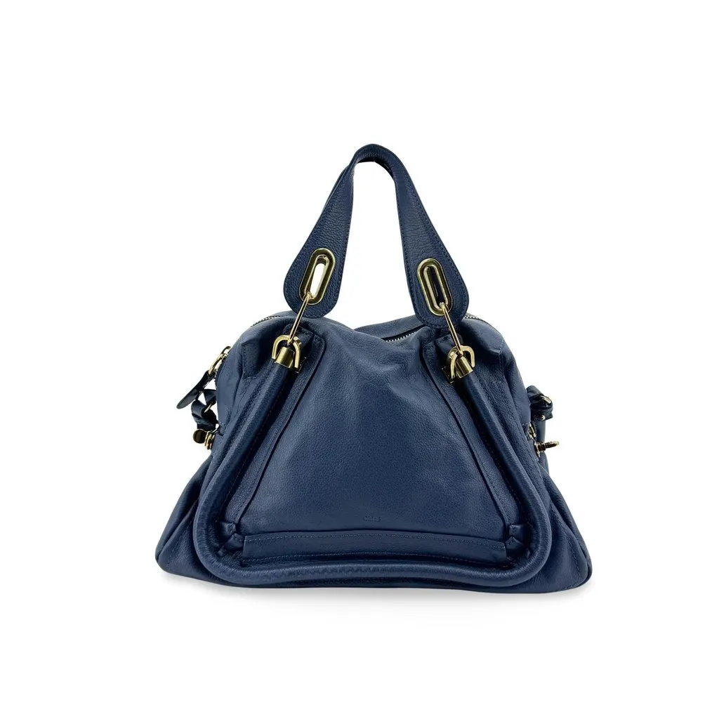 Chloé Chloe Paraty Medium Shoulder Bag Navy Gold Hardware Gold Leather Good - Front View