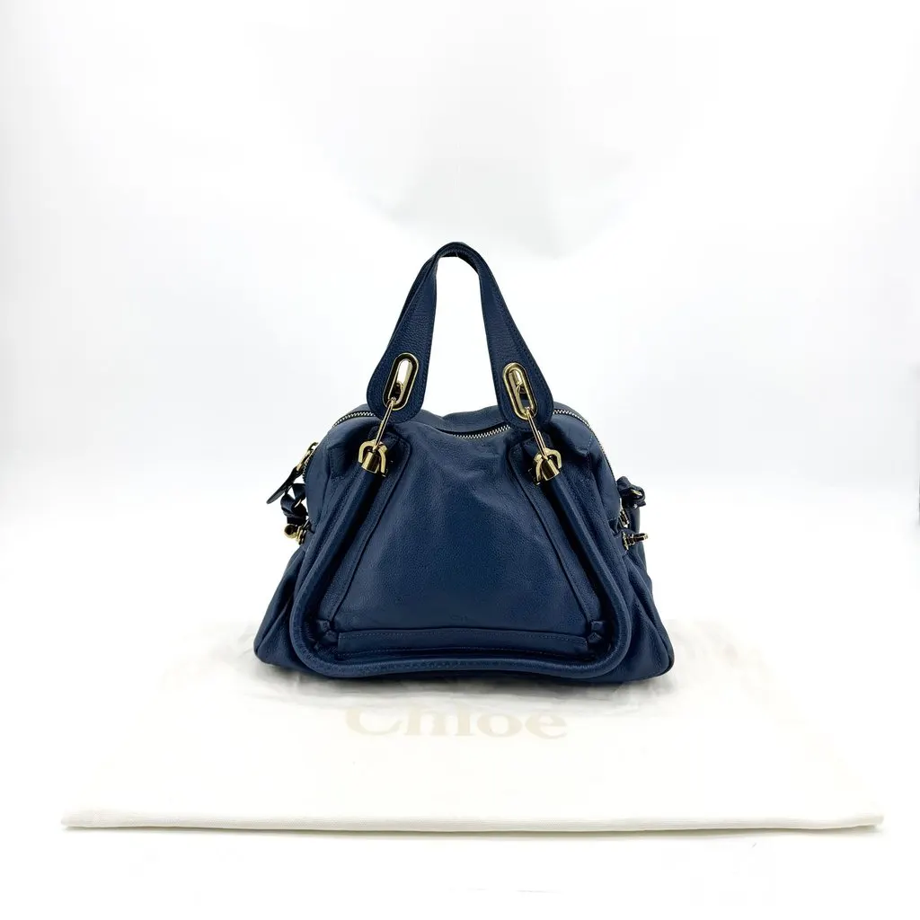 Chloé Chloe Paraty Medium Shoulder Bag Navy Gold Hardware Gold Leather Good - Back View