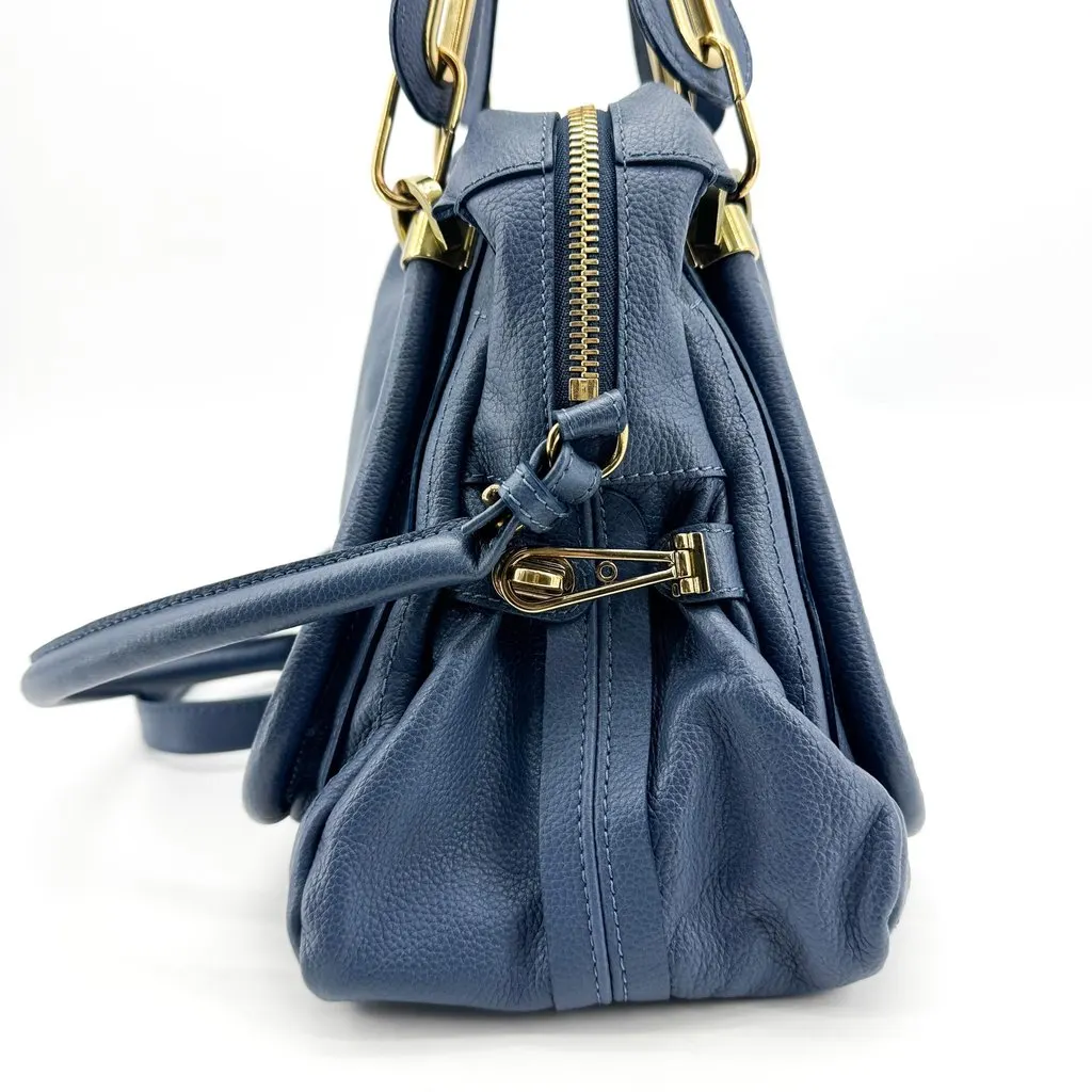 Chloé Chloe Paraty Medium Shoulder Bag Navy Gold Hardware Gold Leather Good - Model View