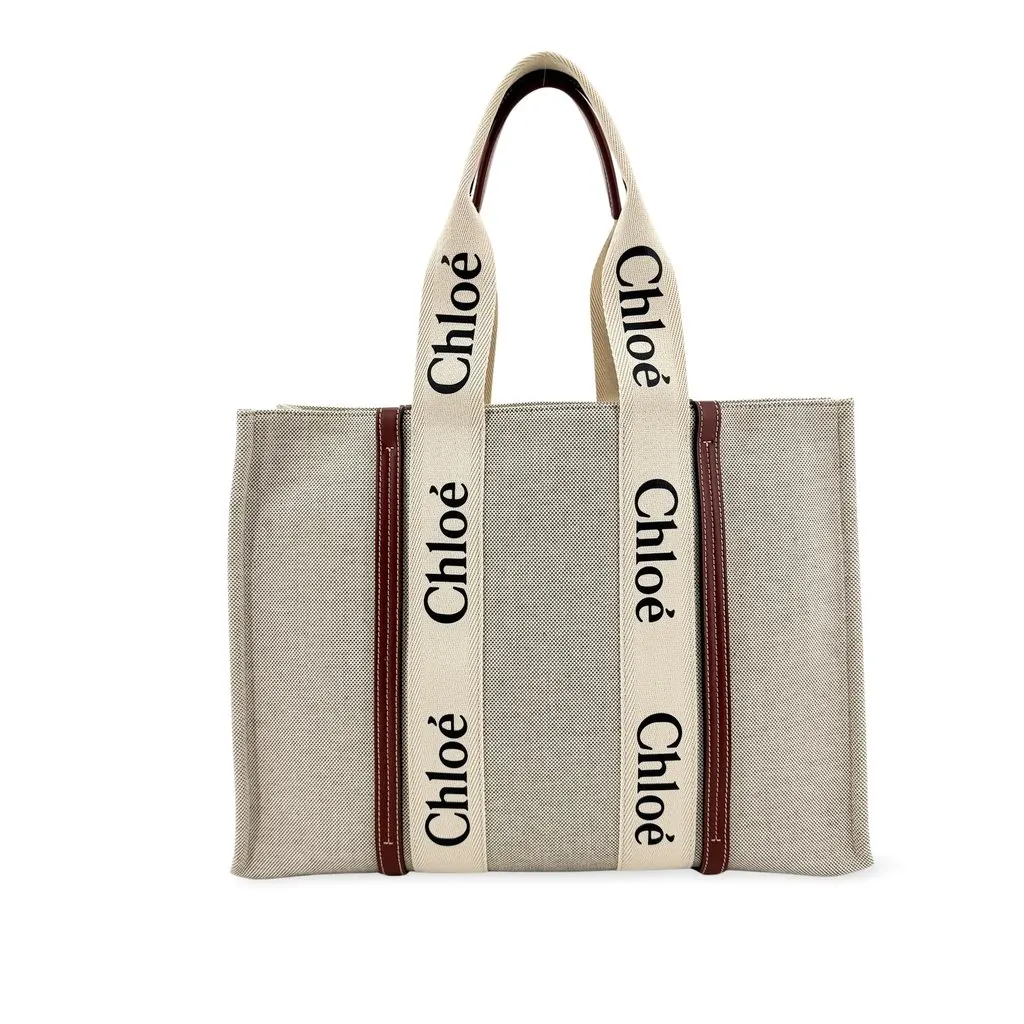 Chloé Chloe Woody Medium Tote Bag Beige Brown Beige Canvas Good - Front View