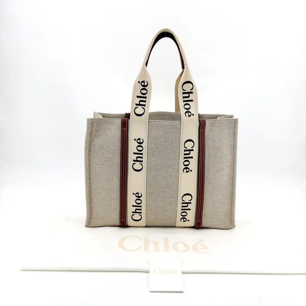 Chloé Chloe Woody Medium Tote Bag Beige Brown Beige Canvas Good - Back View