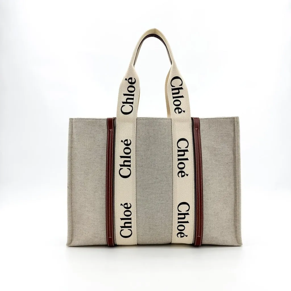 Chloé Chloe Woody Medium Tote Bag Beige Brown Beige Canvas Good - Inside View