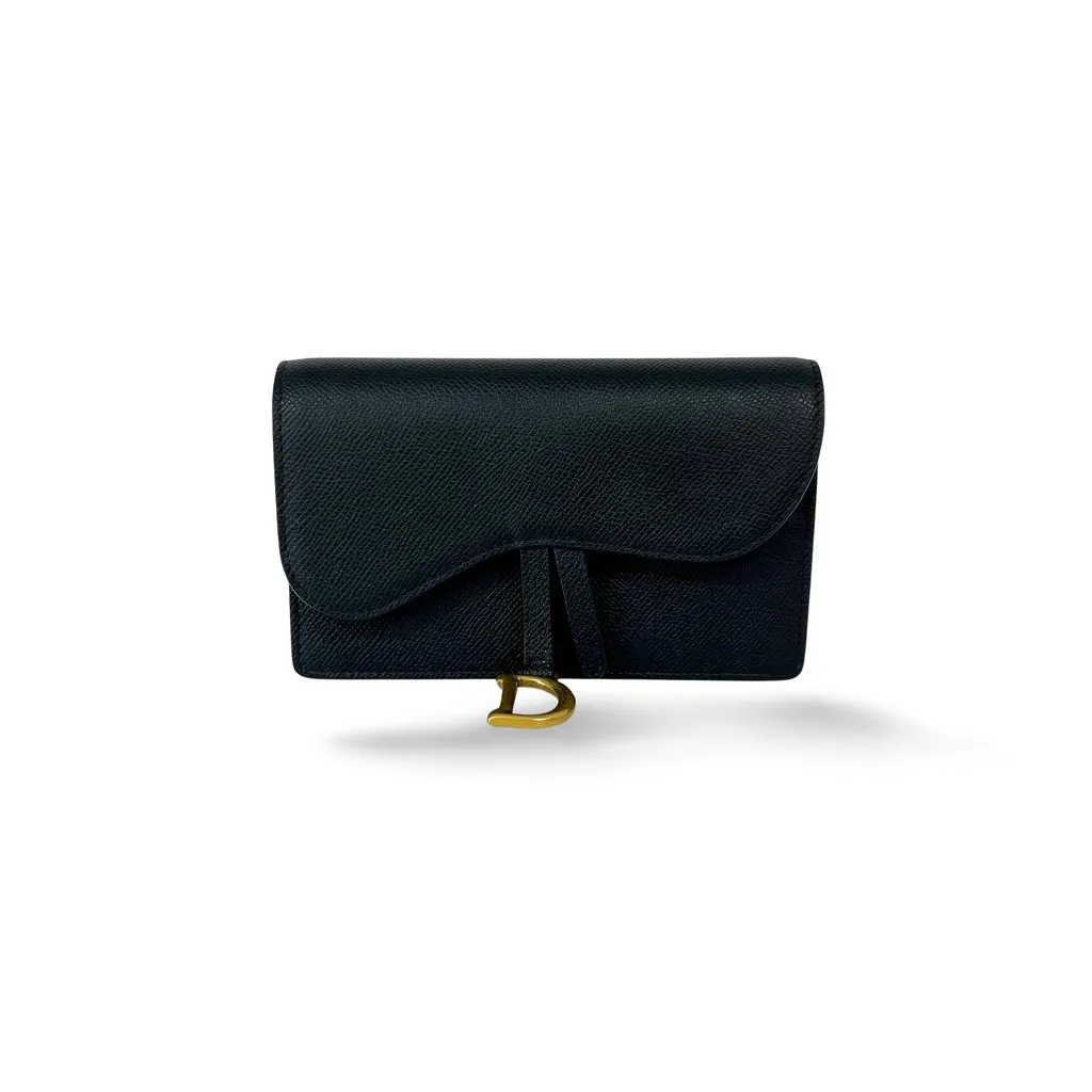 Dior Saddle Pouch Black Grain Calfskin Gold Hardware Black Leather Good - Front View