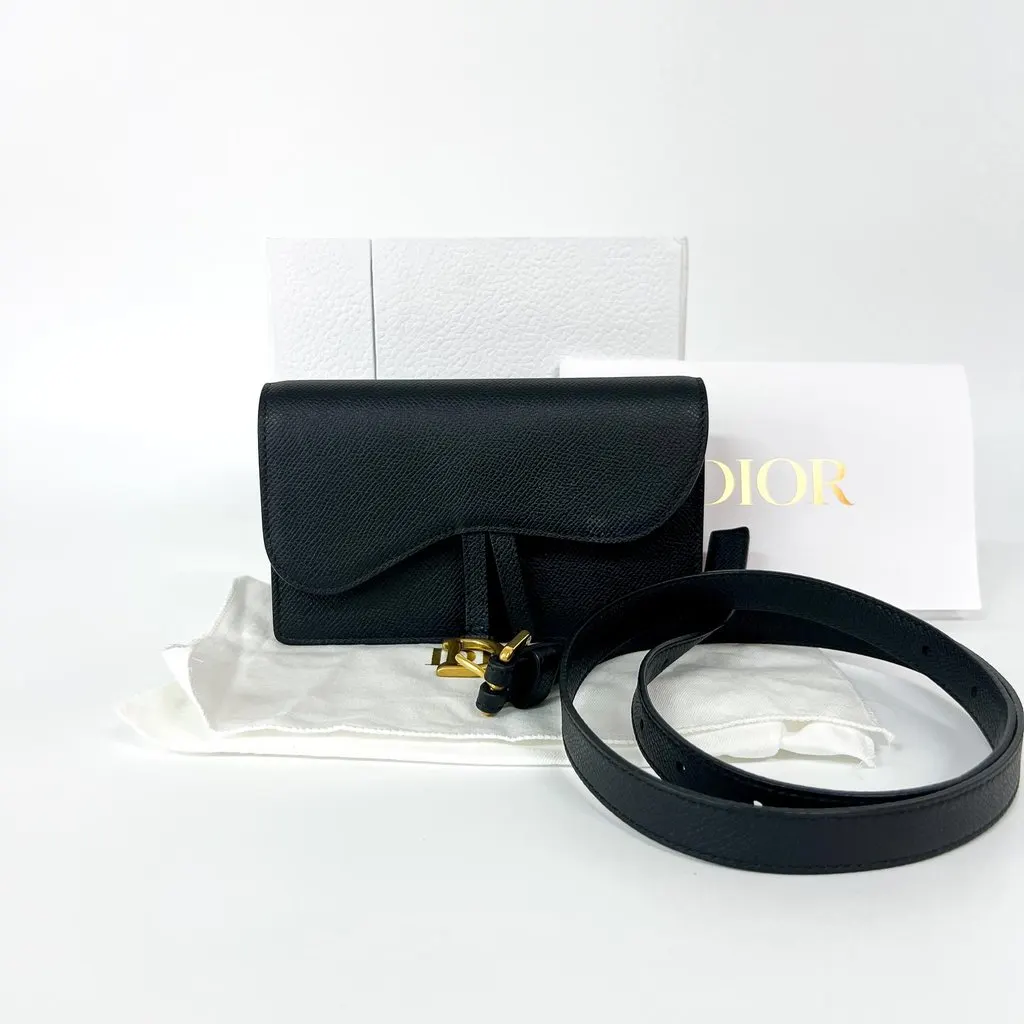 Dior Saddle Pouch Black Grain Calfskin Gold Hardware Black Leather Good - Back View
