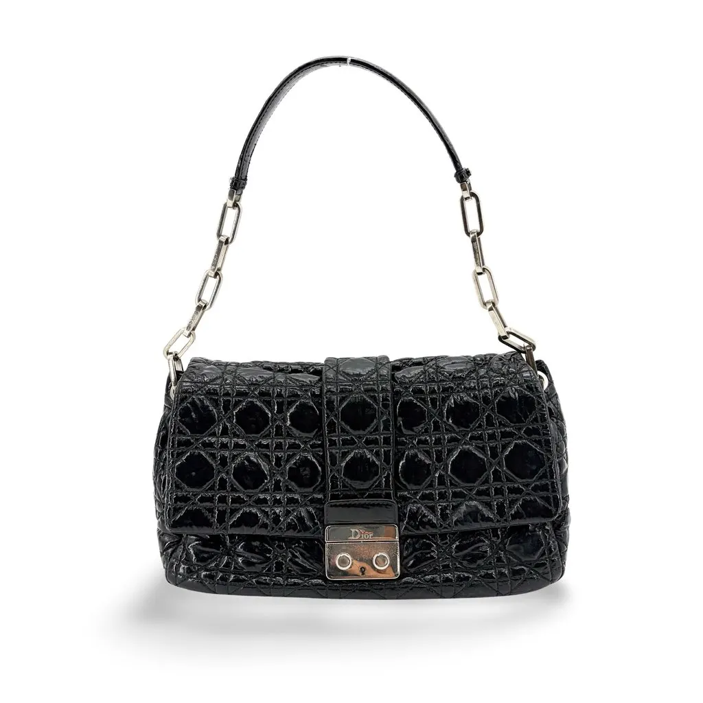 Dior Cannage Patent Flap Shoulder Bag Black MultiColor Leather Good - Front View