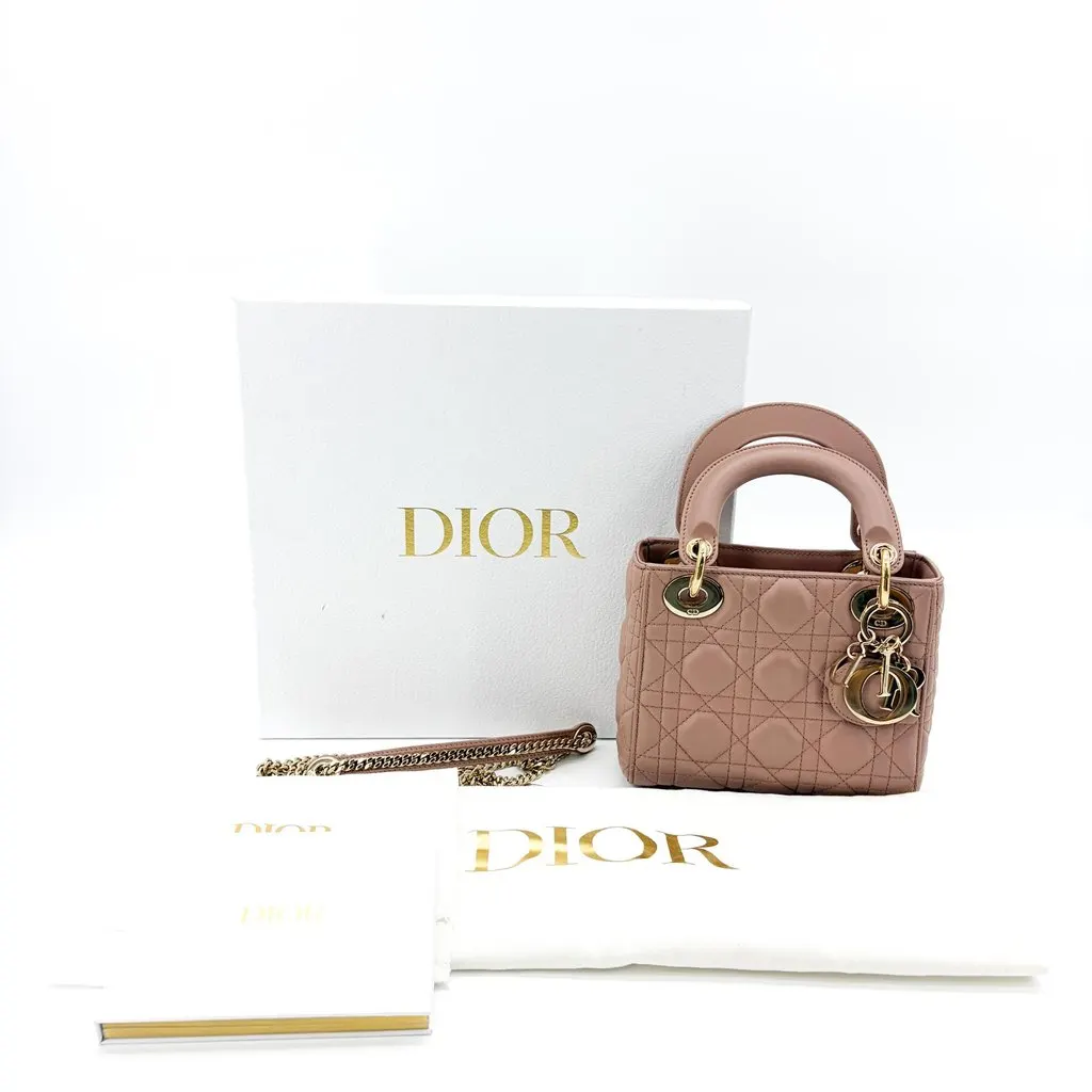 Dior Mini Lady Dior Bag Powder Pink Lambskin Gold Hardware MultiColor Leather Very good - Back View