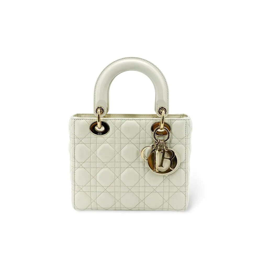 Dior Lady Dior Medium Bag Ultra White Patent Gold Hardware MultiColor Leather Very good - Front View