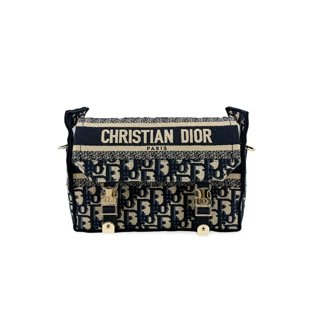 Dior Small Dior Camp Bag Navy Blue Oblique Embroidery MultiColor Canvas Very good - Front View