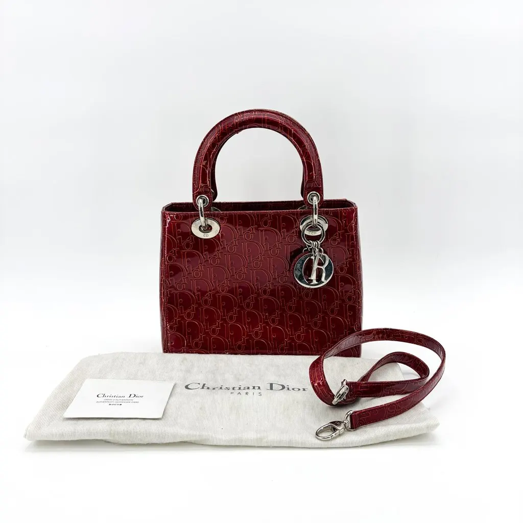 Dior Lady Dior Medium Burgundy Logo Embossed Patent Bag MultiColor Leather Good - Back View