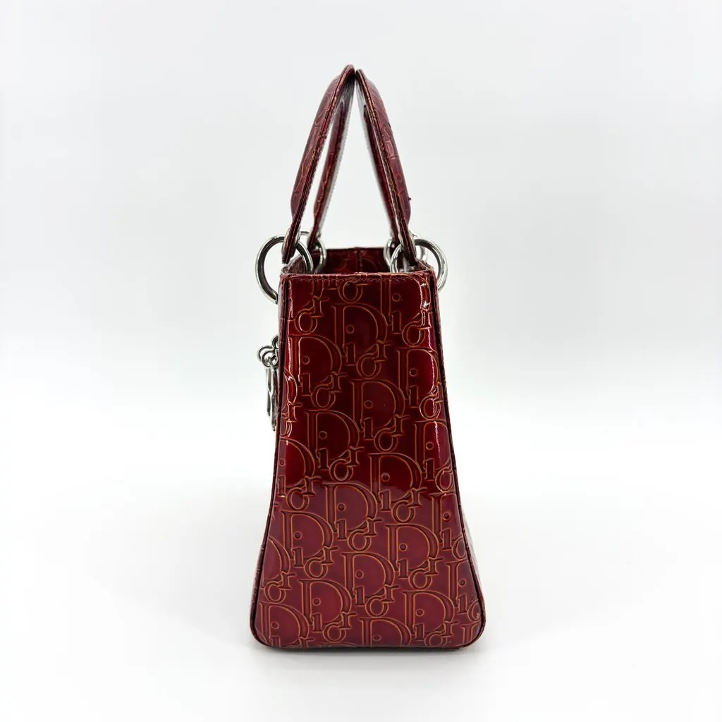 Dior Lady Dior Medium Burgundy Logo Embossed Patent Bag MultiColor Leather Good - Model View