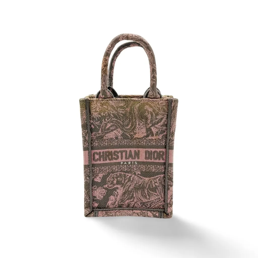 Dior Mini Book Tote Pink and Gray Jui Reverse Embroidery Pink Canvas Fair - Front View
