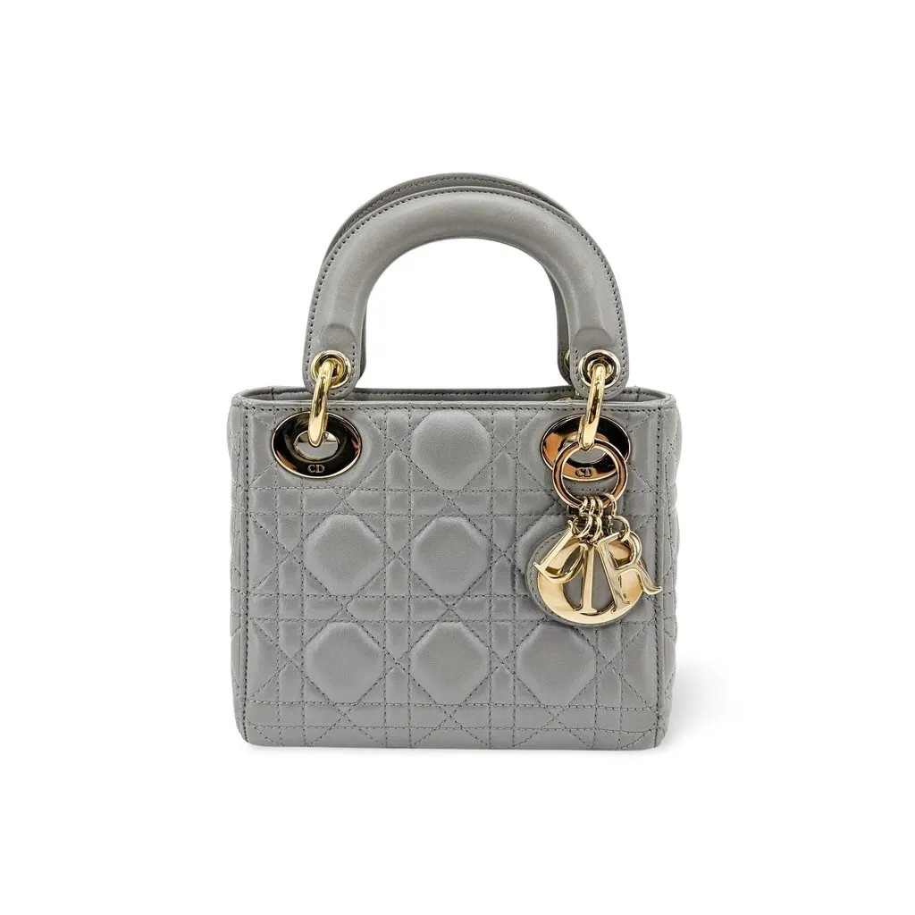 Dior Mini Lady Dior Bag Steel Grey Lambskin Gold Hardware Gold Leather Very good - Front View