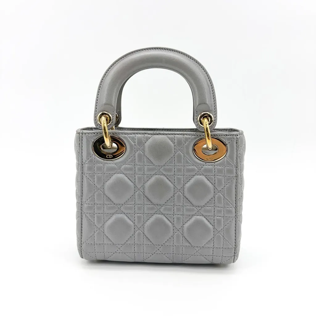 Dior Mini Lady Dior Bag Steel Grey Lambskin Gold Hardware Gold Leather Very good - Inside View