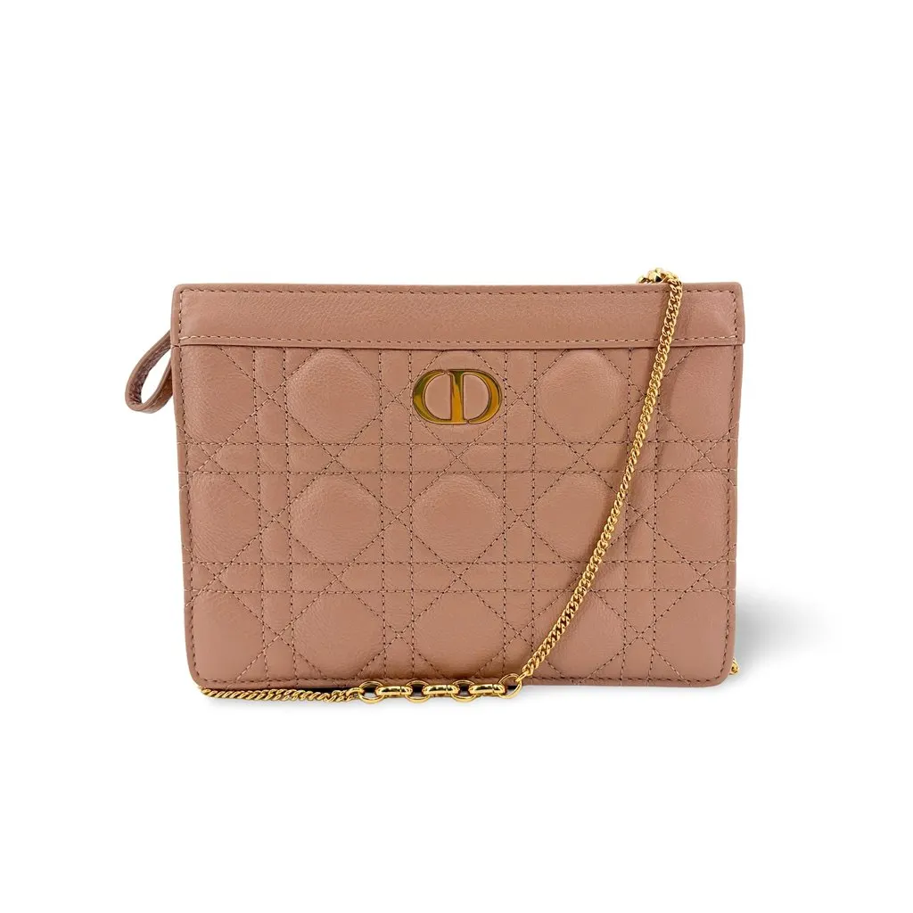 Dior Caro Slim Pouch Rose des Vents Cannage Calfskin Pink Leather Very good - Front View