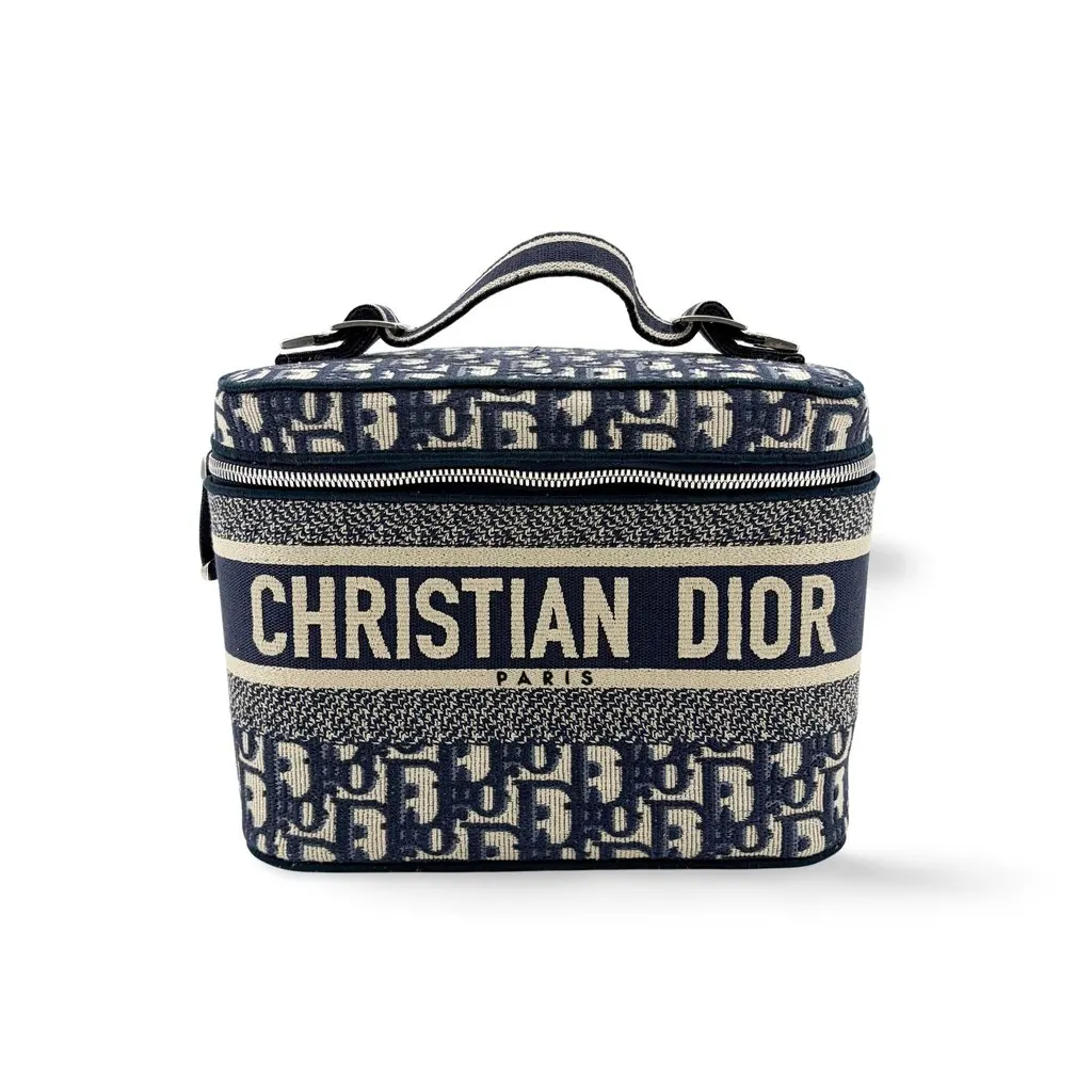 Dior Travel Vanity Case Blue Oblique Embroidered Canvas Beige Canvas Very good - Front View