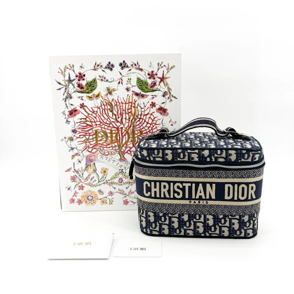Dior Travel Vanity Case Blue Oblique Embroidered Canvas Beige Canvas Very good - Back View