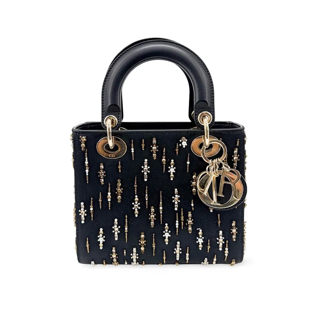 Dior Mini Lady Dior Bag in black satin and bead embroidery Black Satin Very good - Front View