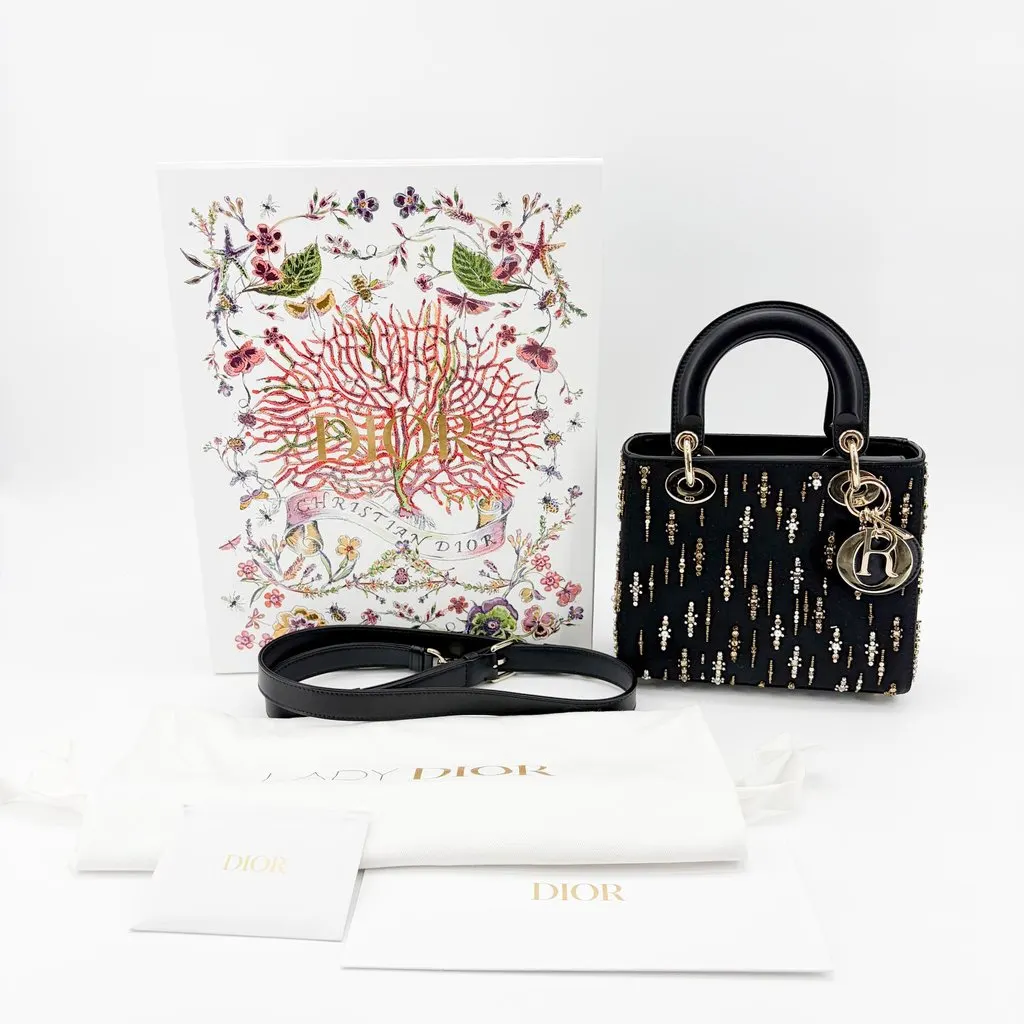 Dior Mini Lady Dior Bag in black satin and bead embroidery Black Satin Very good - Back View