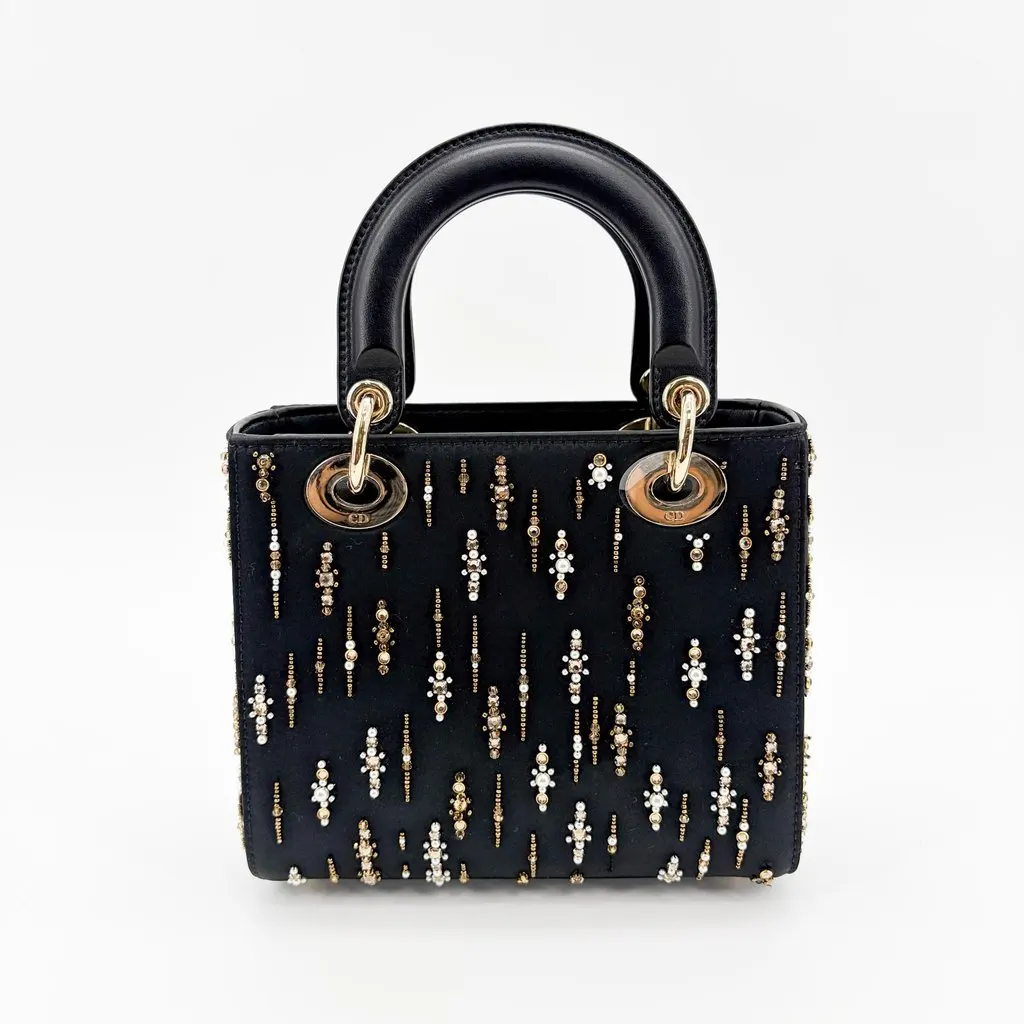 Dior Mini Lady Dior Bag in black satin and bead embroidery Black Satin Very good - Inside View