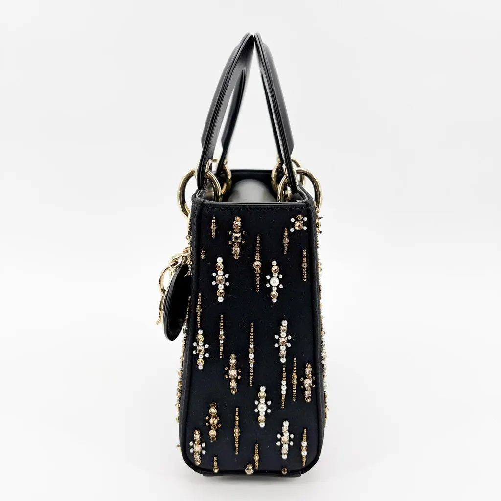 Dior Mini Lady Dior Bag in black satin and bead embroidery Black Satin Very good - Model View