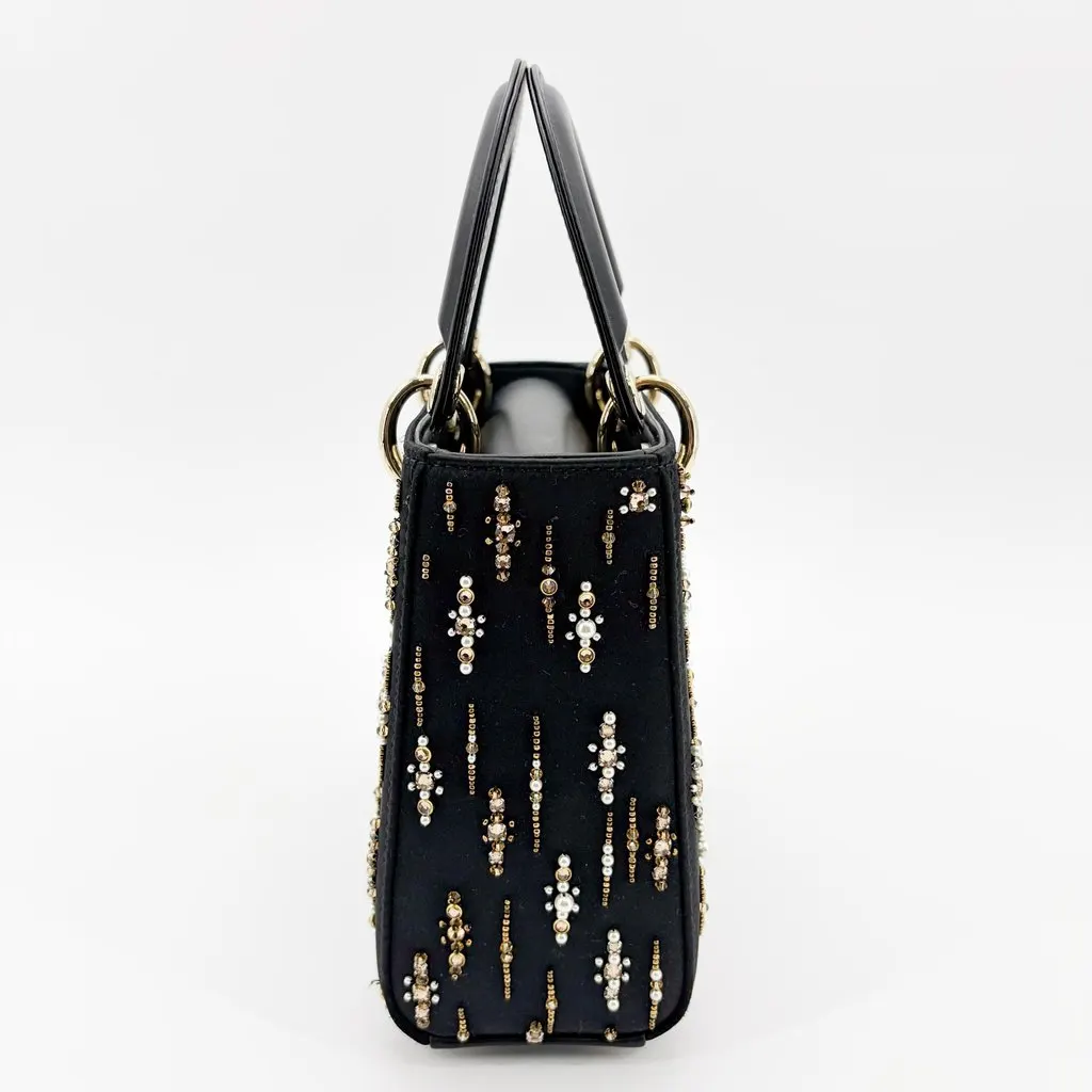 Dior Mini Lady Dior Bag in black satin and bead embroidery Black Satin Very good - Box View