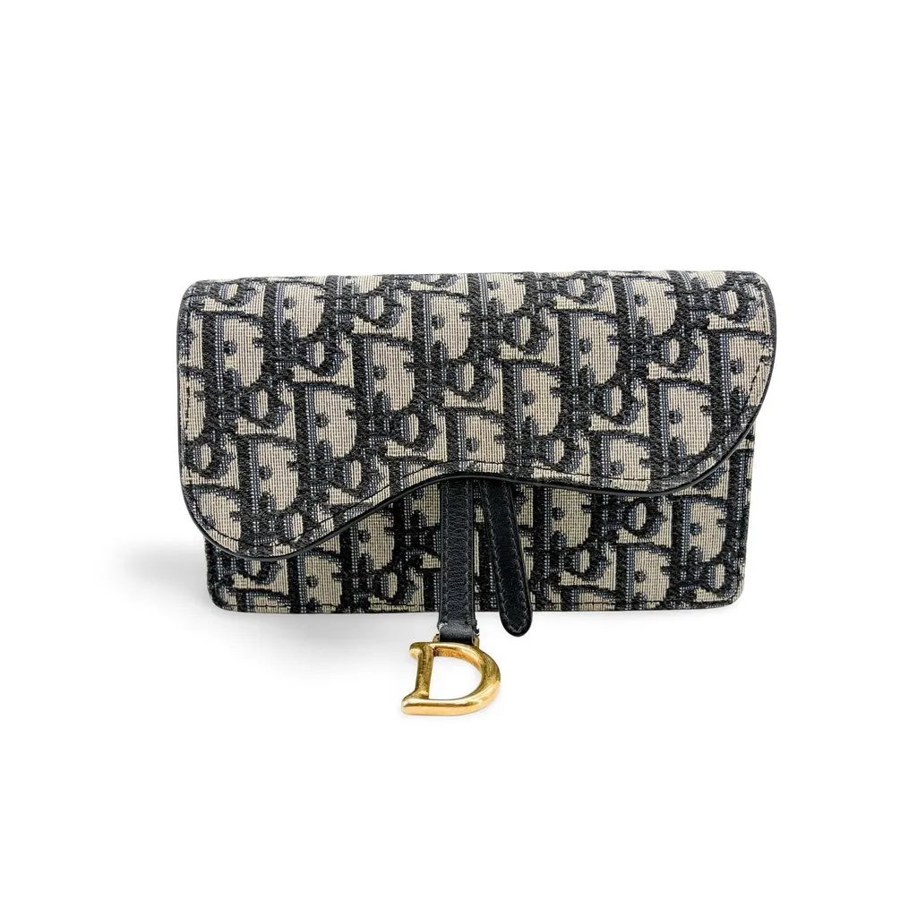 Dior Saddle Slim Pouch Blue Oblique Jacquard Beige Jacquard Very good - Front View