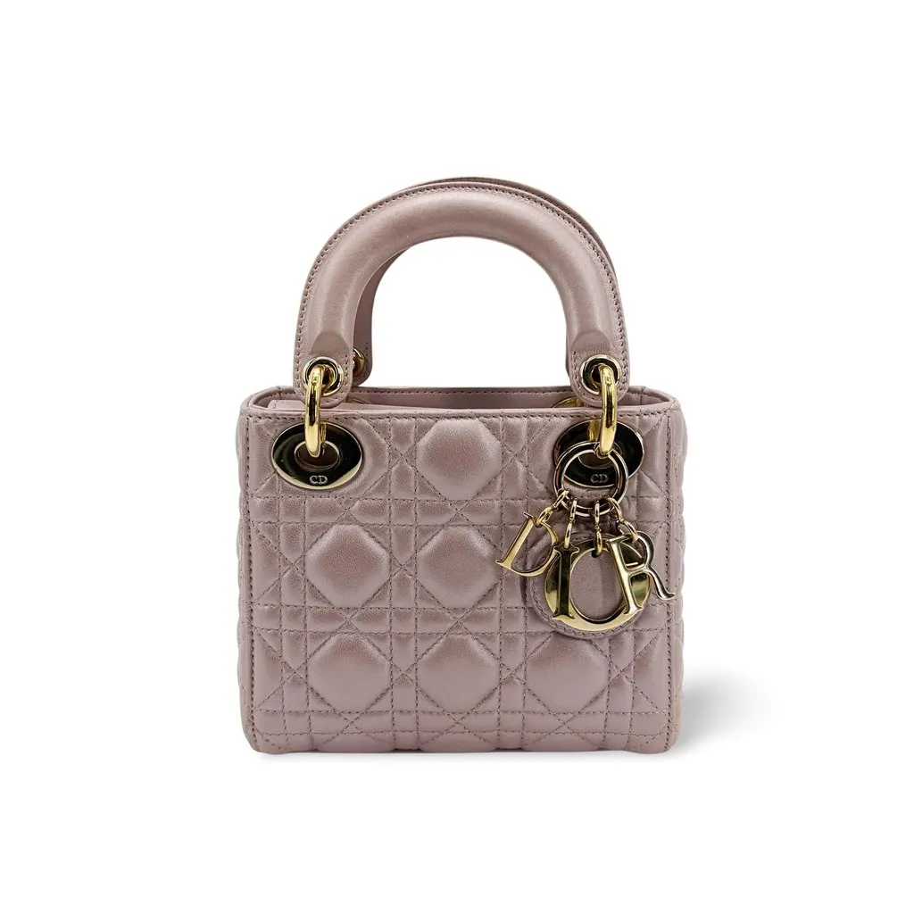 Dior Mini Lady Dior Bag Antique Pink Lambskin Gold Hardware Gold Leather Very good - Front View