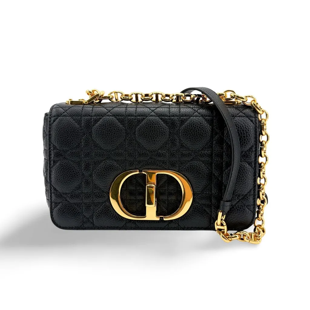 Dior Medium Caro Bag Black Cannage Calfskin Gold Hardware Black Leather Very good - Front View