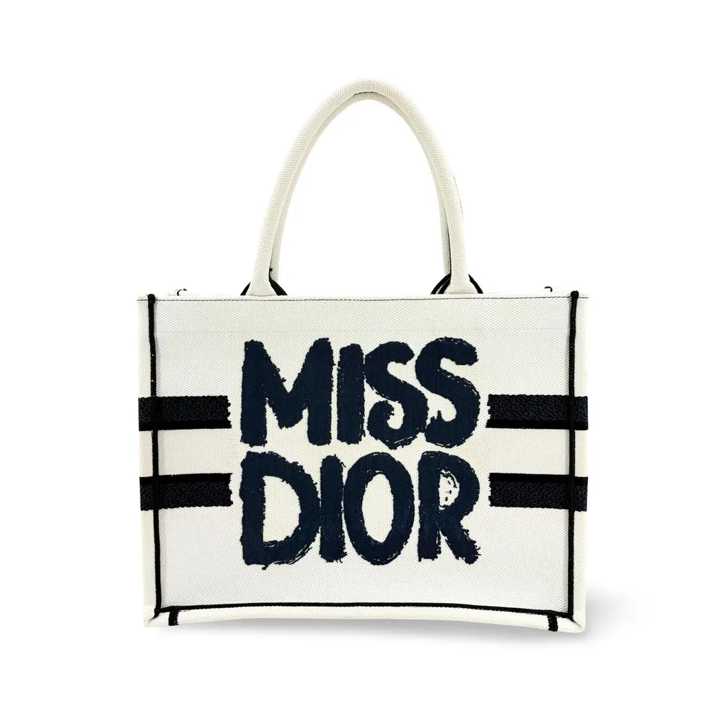 Dior Medium Book Tote Miss Dior White Black Black Canvas Very good - Front View