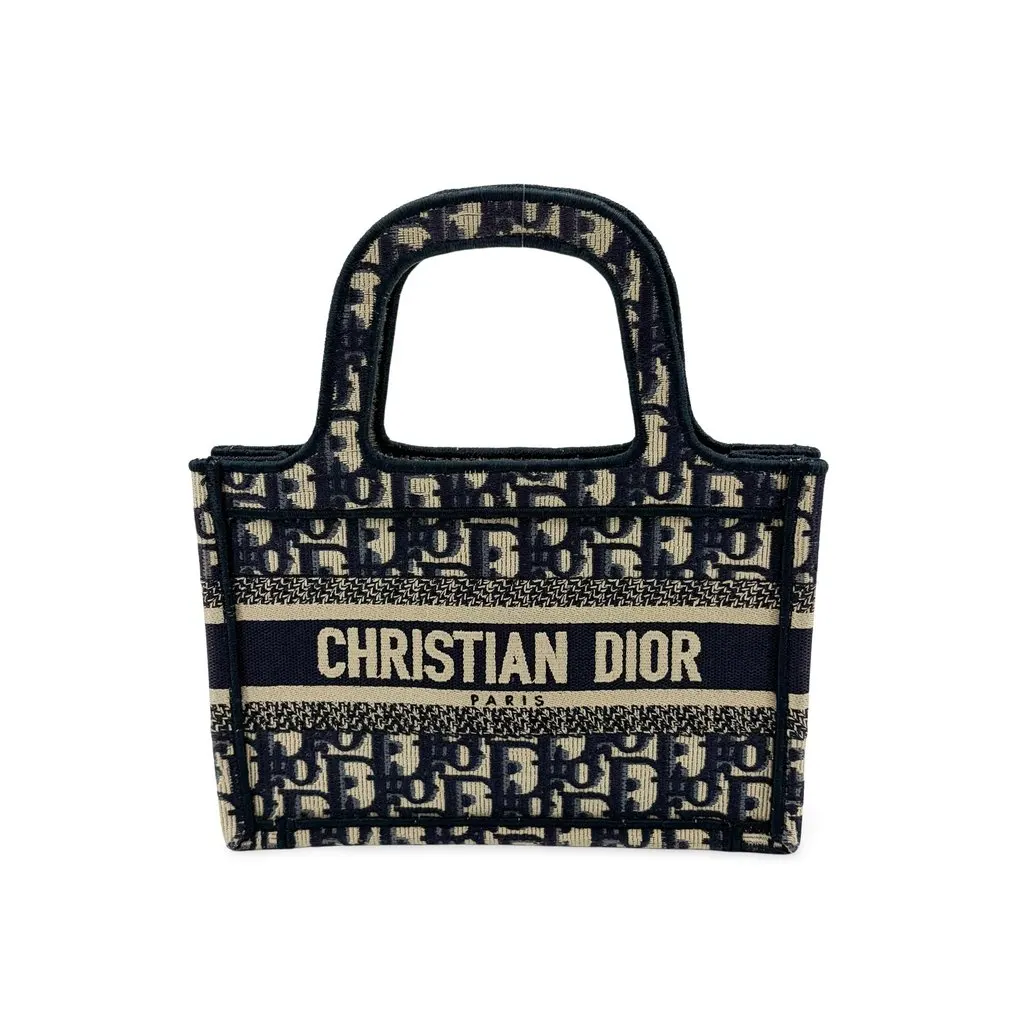 Dior Mini Book Tote Blue Oblique Beige Canvas Good - Front View