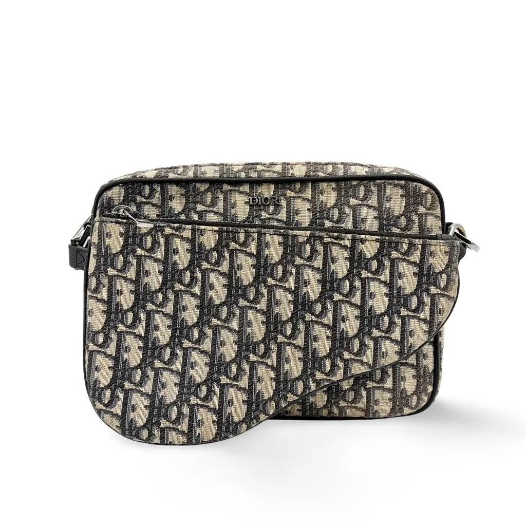 Dior Saddle Messenger Bag Beige Black Oblique Jacquard Beige Jacquard Good - Front View