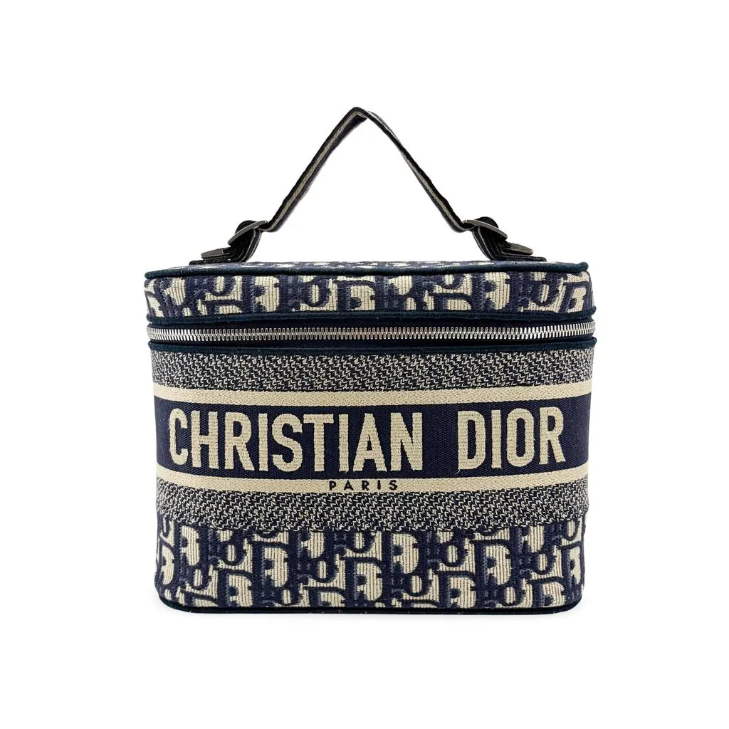 Dior Small Dior Travel Vanity Case Blue Oblique Beige Canvas Good - Front View