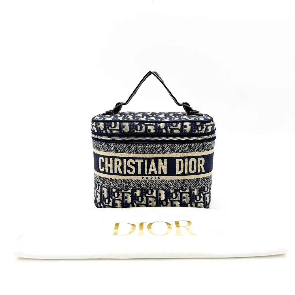 Dior Small Dior Travel Vanity Case Blue Oblique Beige Canvas Good - Back View