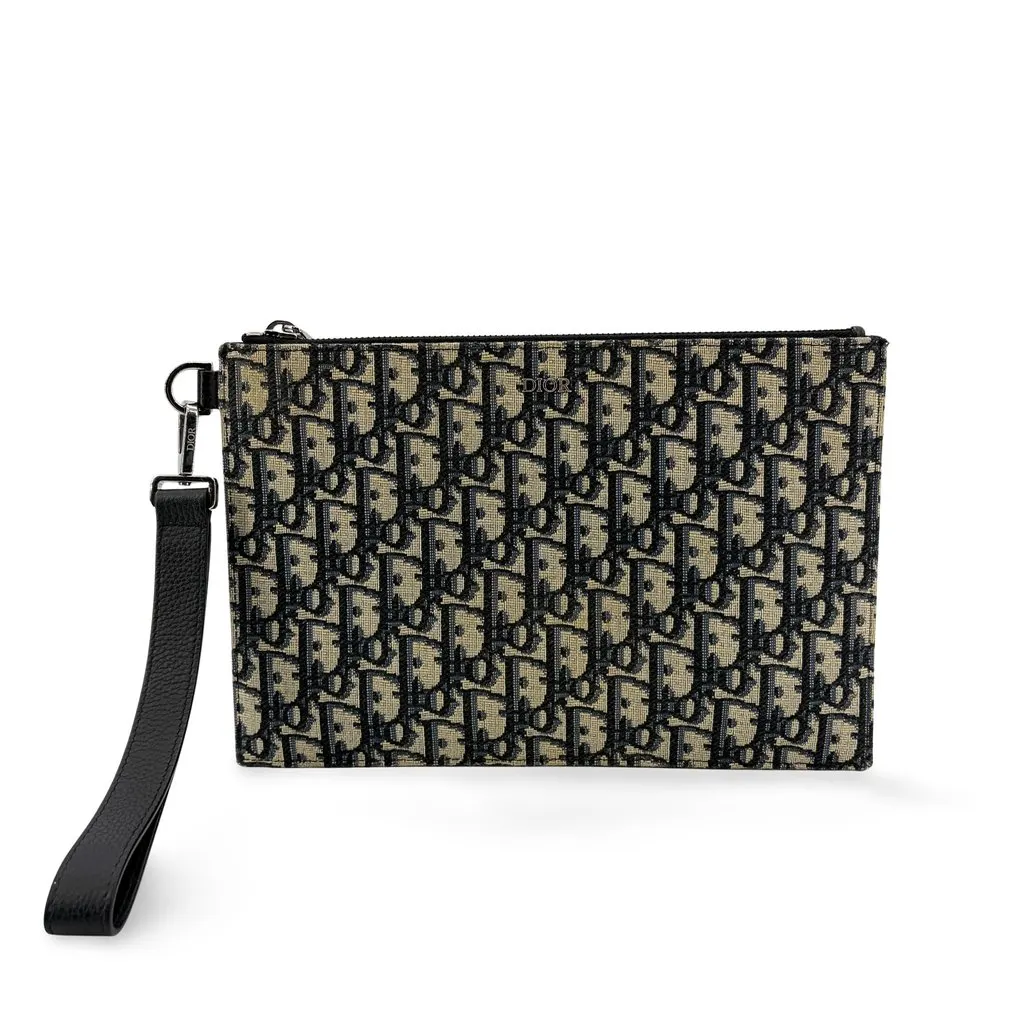 Dior Oblique Zipper Pouch Beige Black Beige Jacquard Good - Front View