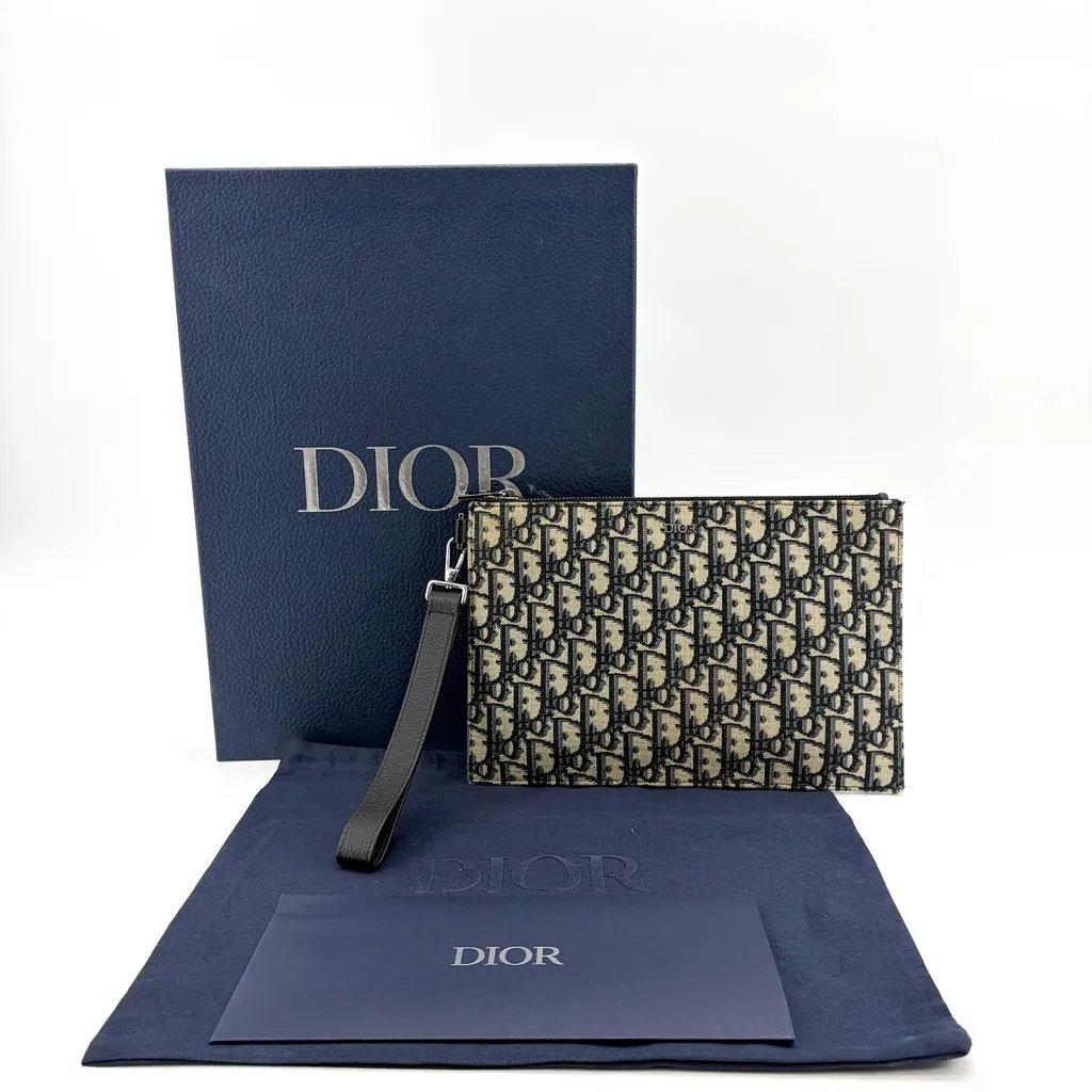 Dior Oblique Zipper Pouch Beige Black Beige Jacquard Good - Back View