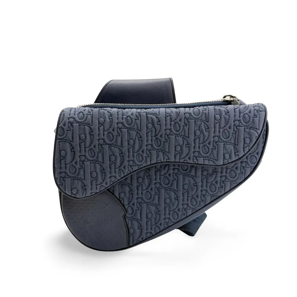 Dior Saddle Bag Navy Oblique Technical Fabric Blue Leather Very good - Front View