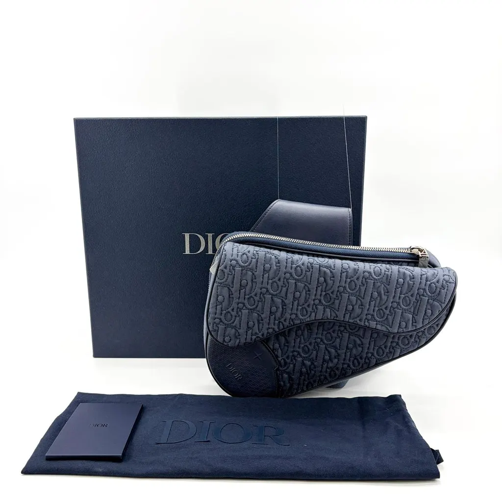 Dior Saddle Bag Navy Oblique Technical Fabric Blue Leather Very good - Back View