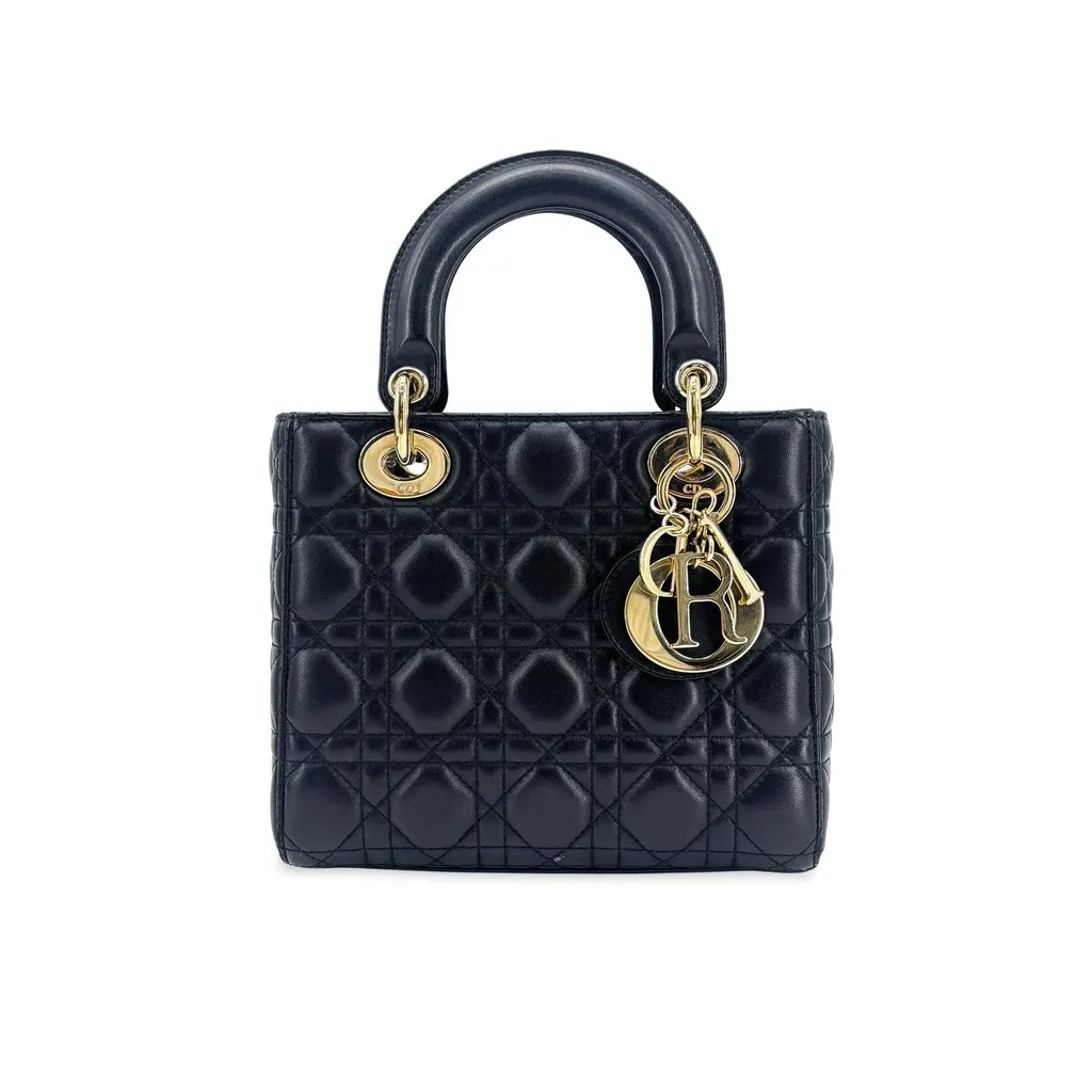 Dior Lady Dior Medium Bag Black Lambskin Gold Hardware Black Leather Very good - Front View