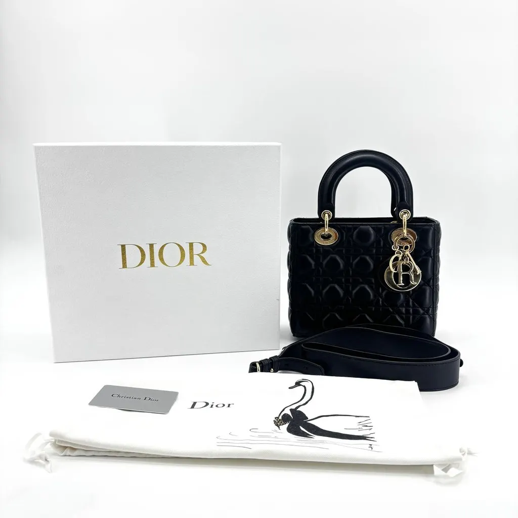 Dior Lady Dior Medium Bag Black Lambskin Gold Hardware Black Leather Very good - Back View